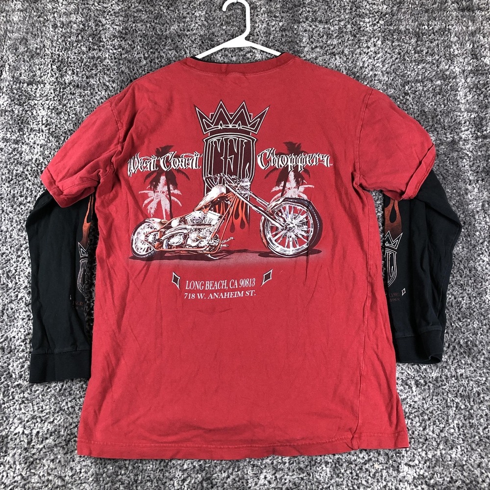 Vintage West Coast Choppers Shirt Mens Large Red Long Sleeve Hits Double Layer